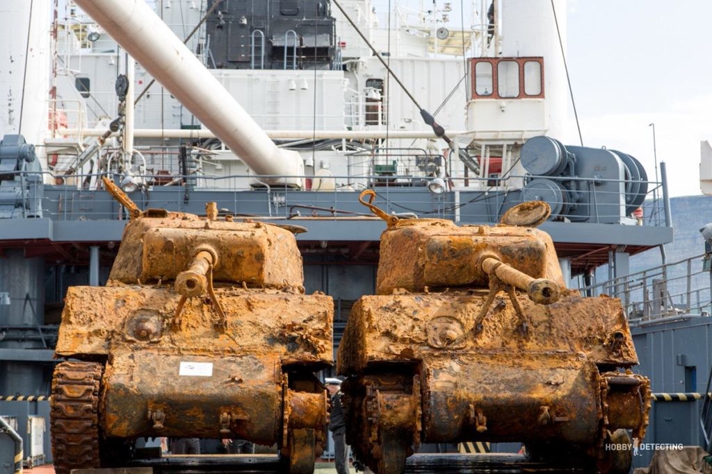 Raised Sherman tanks from the ship 